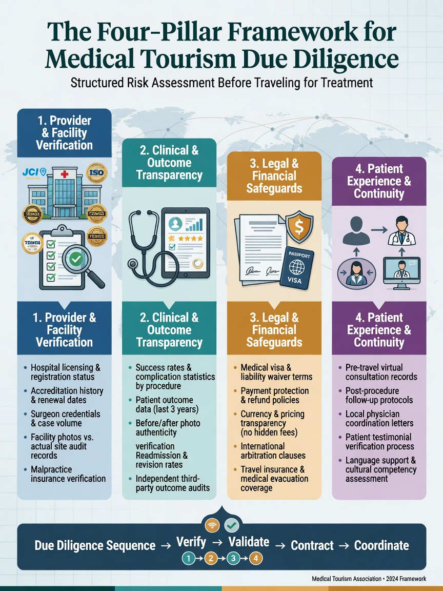 ** Four‑Pillar Framework infographic for verifying a surgeon in Thailand