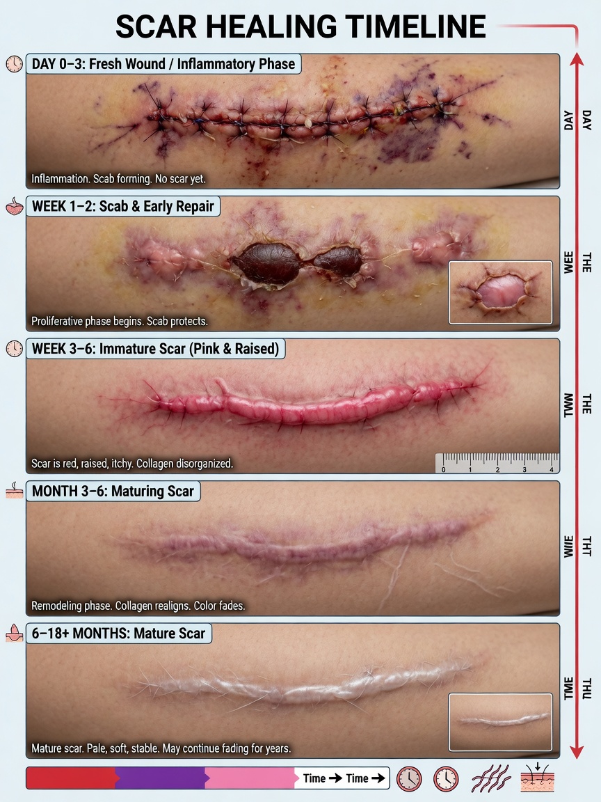 ** Visual timeline showing scar progression from red raised line at 1 month to pale flat line at 18 months after body lift surgery